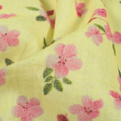 Lemon Yellow And Baby Pink Floral Pattern Digital Print Pure Cotton Mulmul Fabric