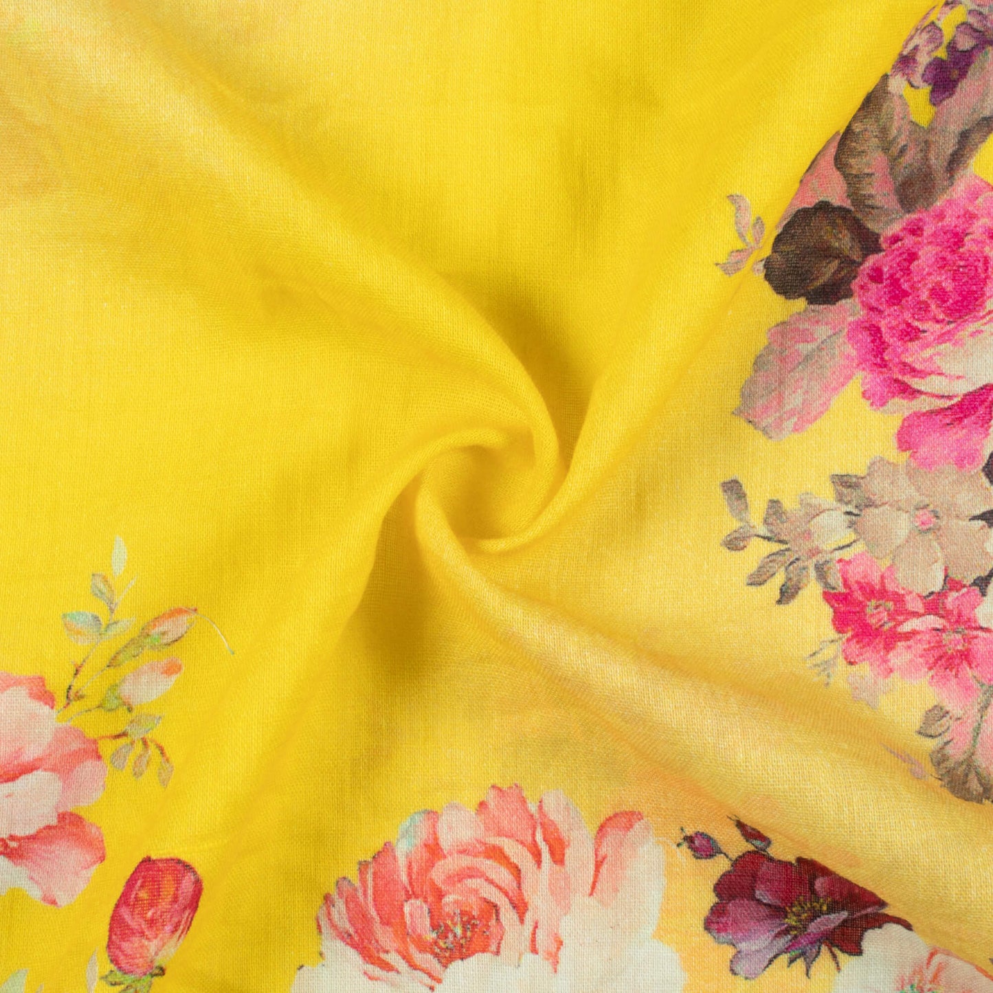Pineapple Yellow And Pink Floral Pattern Digital Print Pure Cotton Mulmul Fabric