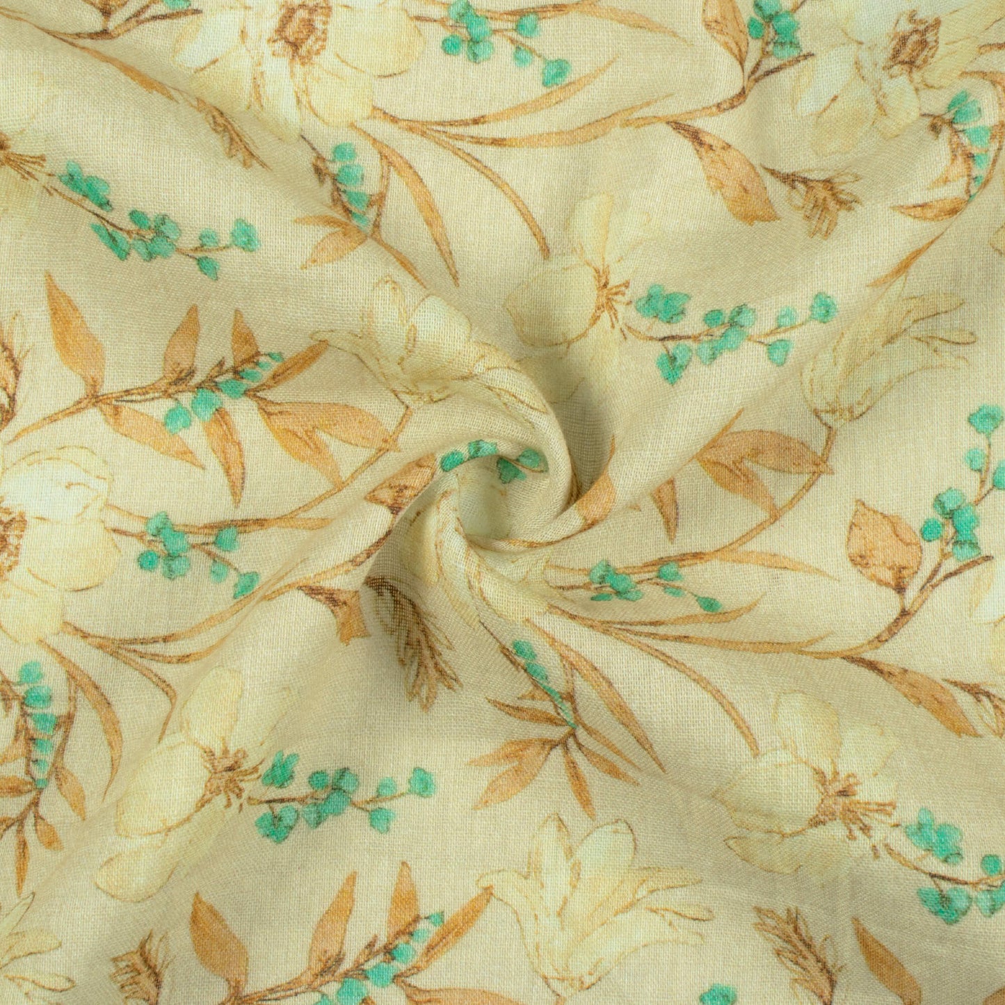 Khaki Beige And Turquoise Floral Pattern Digital Print Pure Cotton Mulmul Fabric