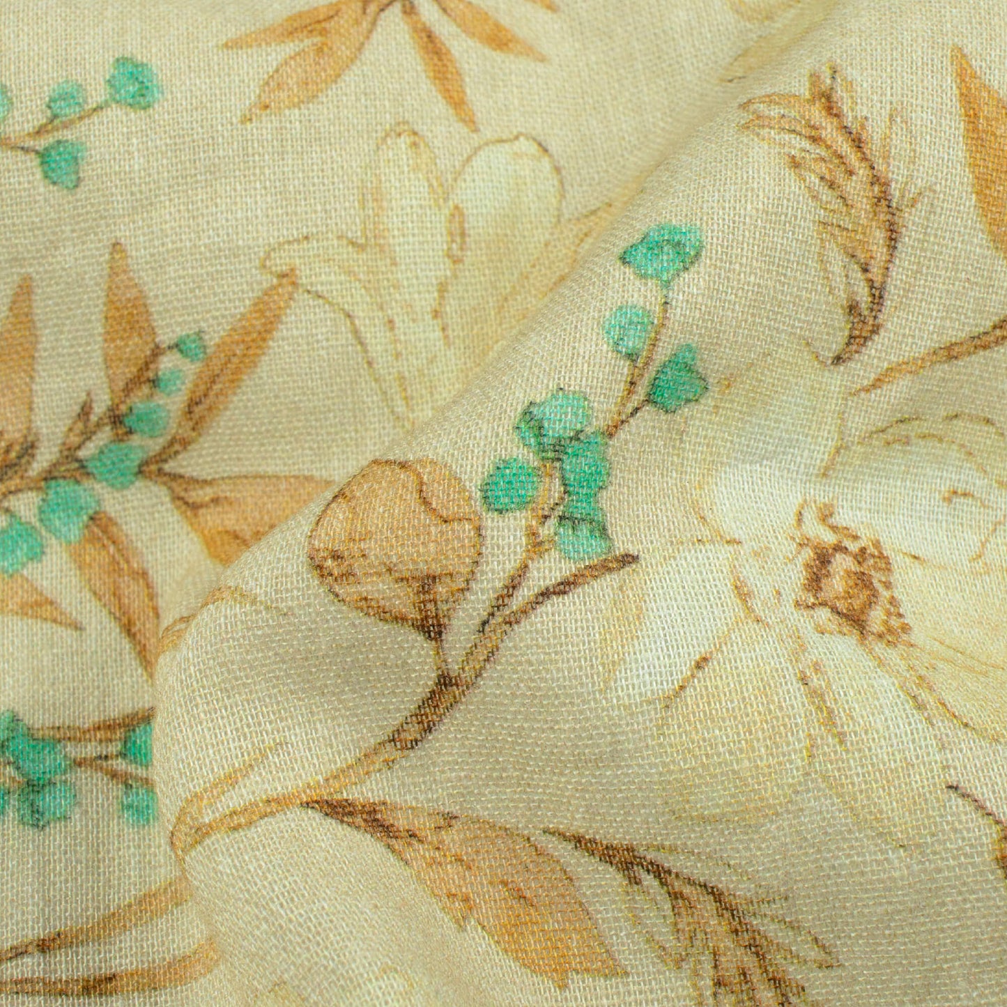 Khaki Beige And Turquoise Floral Pattern Digital Print Pure Cotton Mulmul Fabric