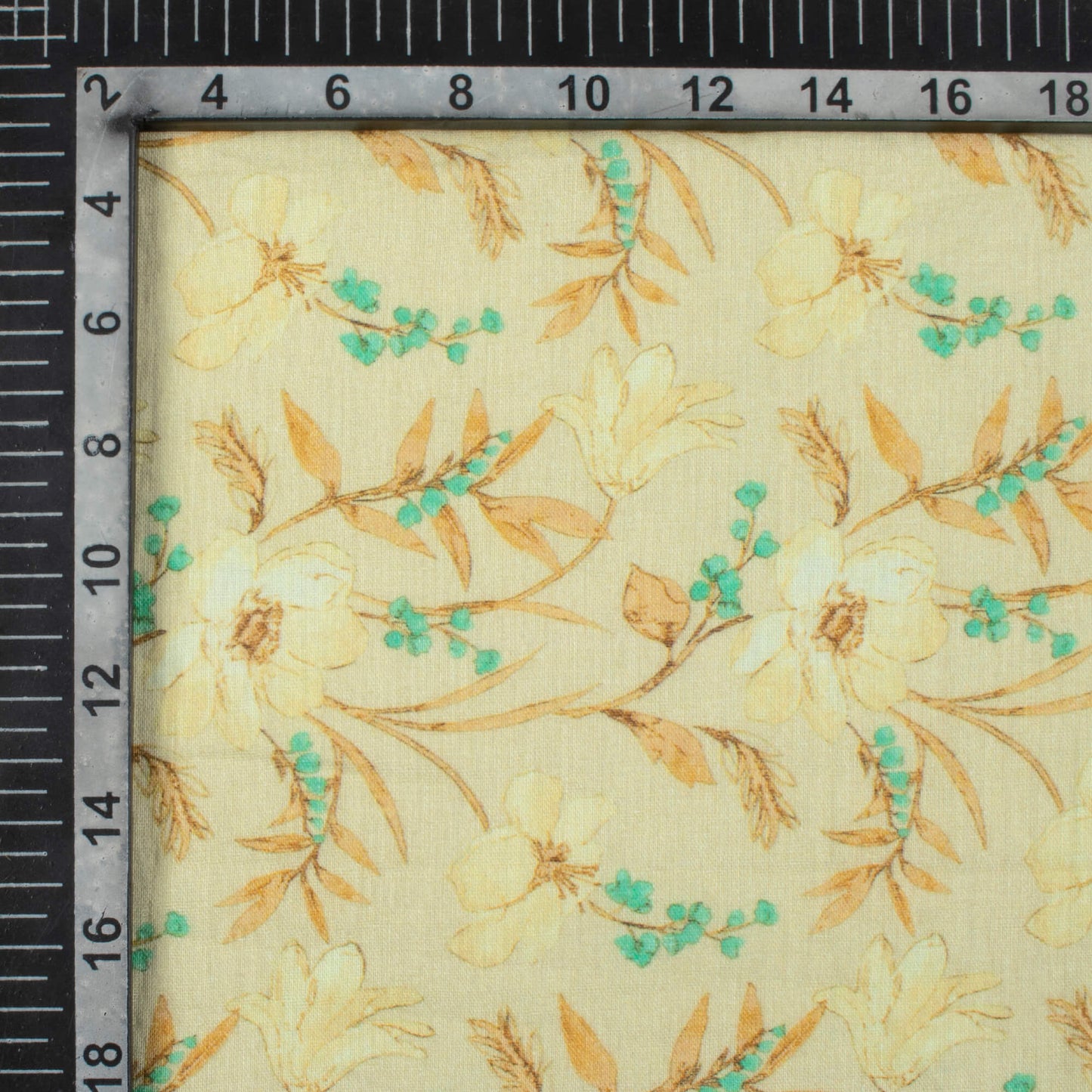 Khaki Beige And Turquoise Floral Pattern Digital Print Pure Cotton Mulmul Fabric