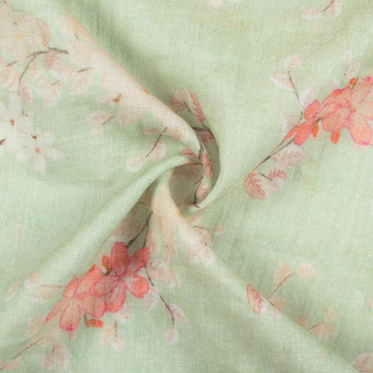 Tea Green And Pink Floral Pattern Digital Print Pure Cotton Mulmul Fabric