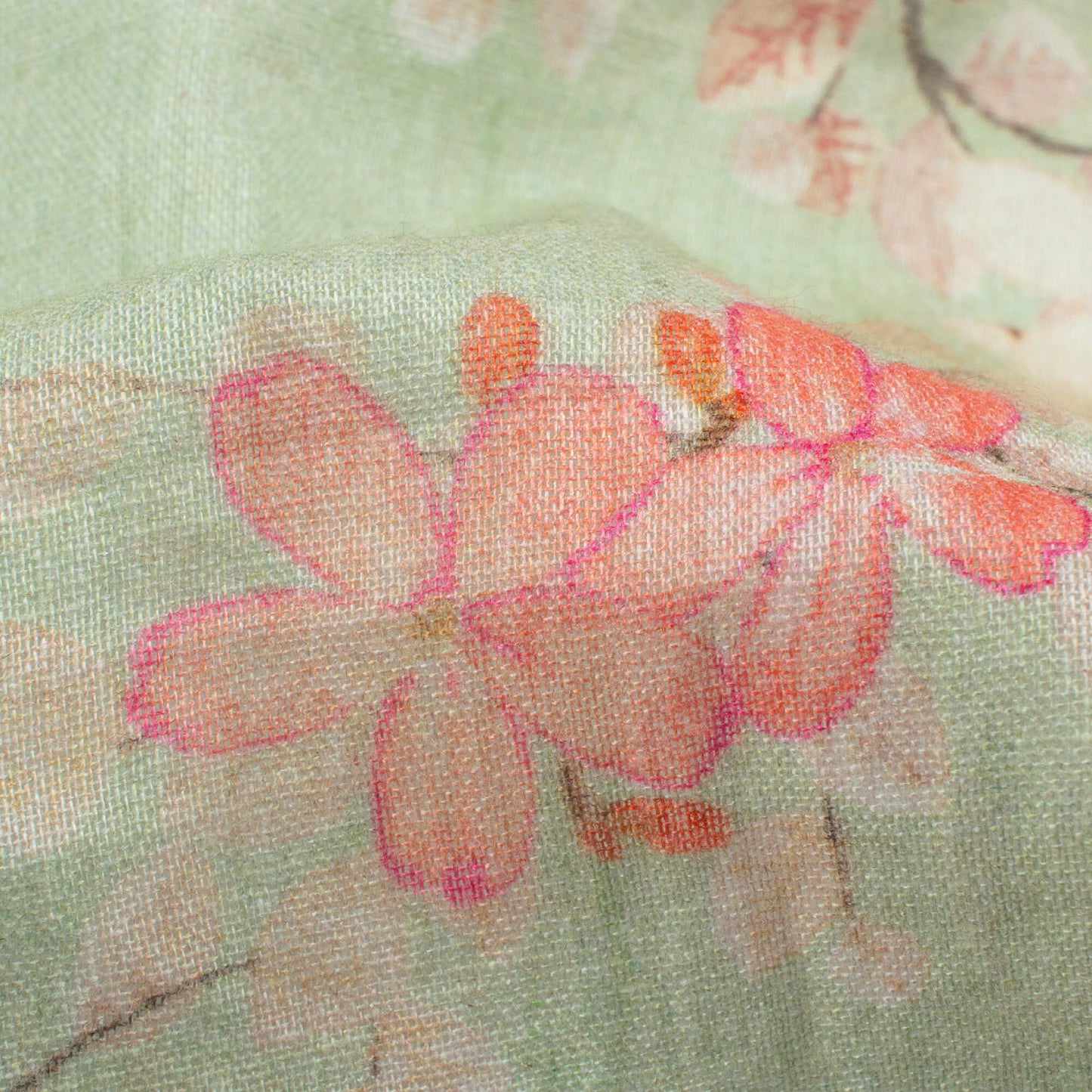 Tea Green And Pink Floral Pattern Digital Print Pure Cotton Mulmul Fabric