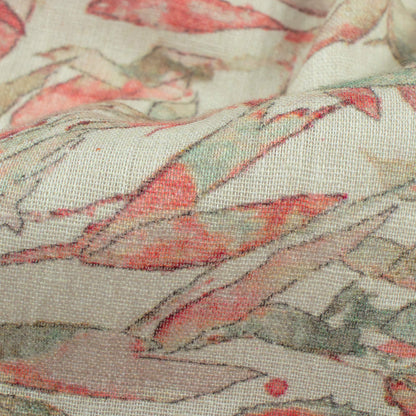 Cream and Red Leaf Pattern Digital Print Pure Cotton Mulmul Fabric