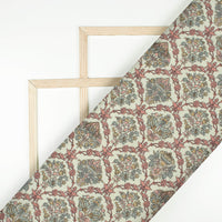 Cream and Viridian Green Trellis Pattern Digital Print Pure Cotton Mulmul Fabric