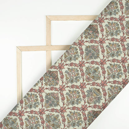 Cream and Viridian Green Trellis Pattern Digital Print Pure Cotton Mulmul Fabric