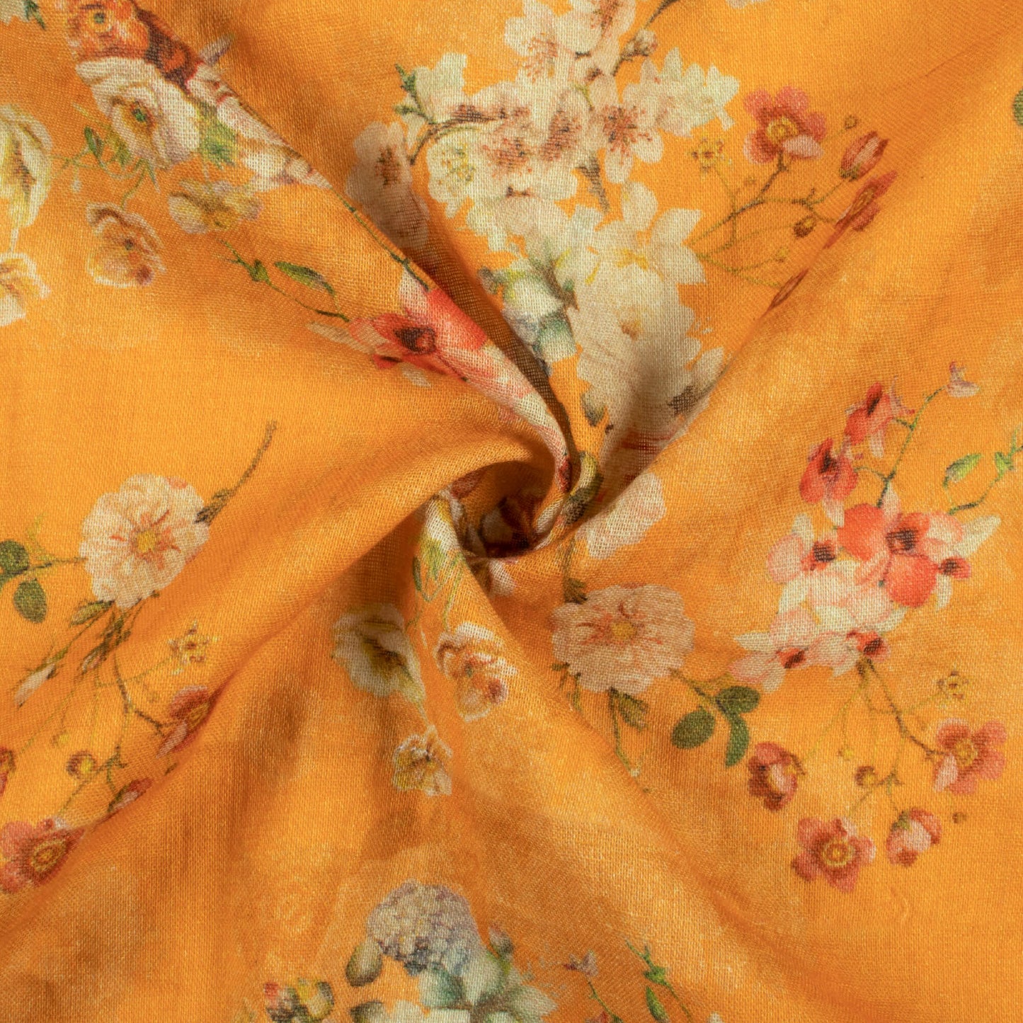 Honey Yellow And Cream Floral Pattern Digital Print Pure Cotton Mulmul Fabric