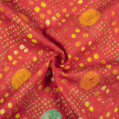 Red And Yellow Bandhanii Pattern Digital Print Pure Cotton Mulmul Fabric