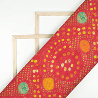Red And Yellow Bandhanii Pattern Digital Print Pure Cotton Mulmul Fabric