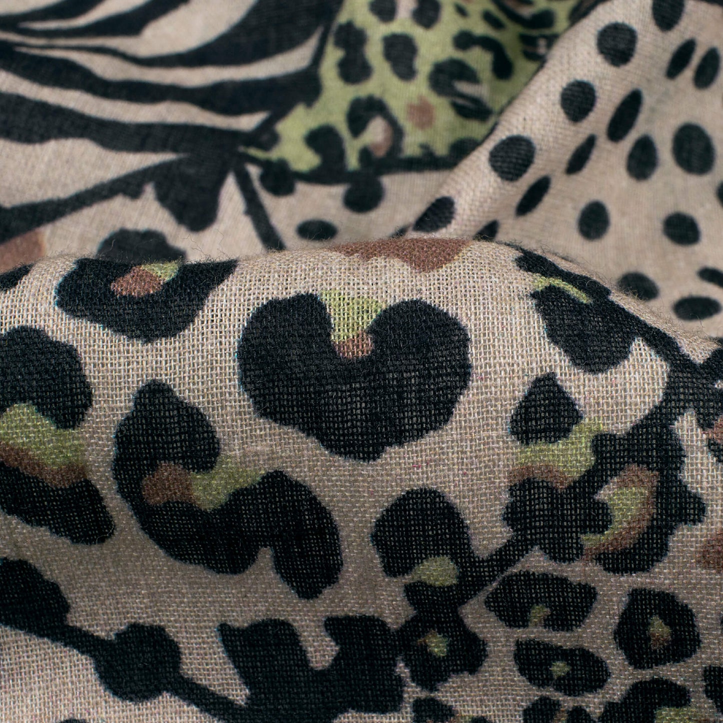 Black And Oat Beige Animal Pattern Digital Print Pure Cotton Mulmul Fabric