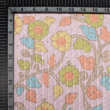 Pastel Pink And Moss Green Kalamkrii Pattern Digital Print Premium Sequins Georgette Fabric