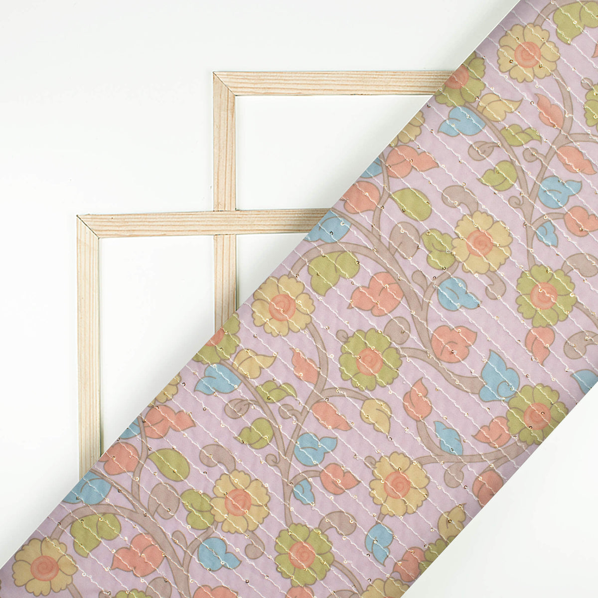 Pastel Pink And Moss Green Kalamkrii Pattern Digital Print Premium Sequins Georgette Fabric