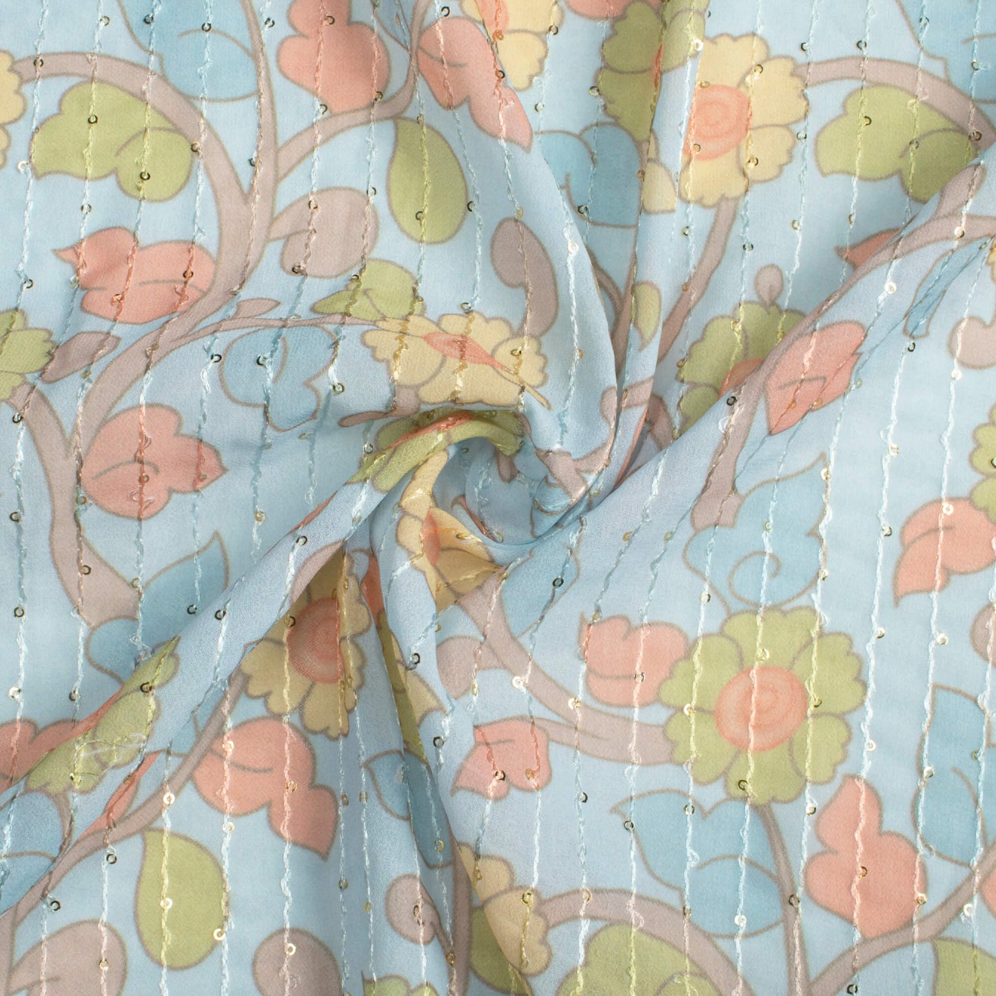 Baby Blue And Moss Green Kalamkari Pattern Digital Print Premium Sequins Georgette Fabric