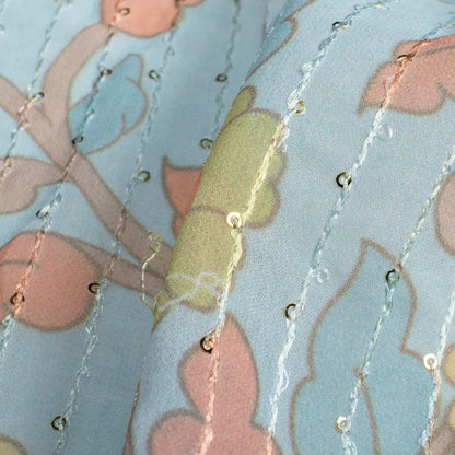 Baby Blue And Moss Green Kalamkrii Pattern Digital Print Premium Sequins Georgette Fabric