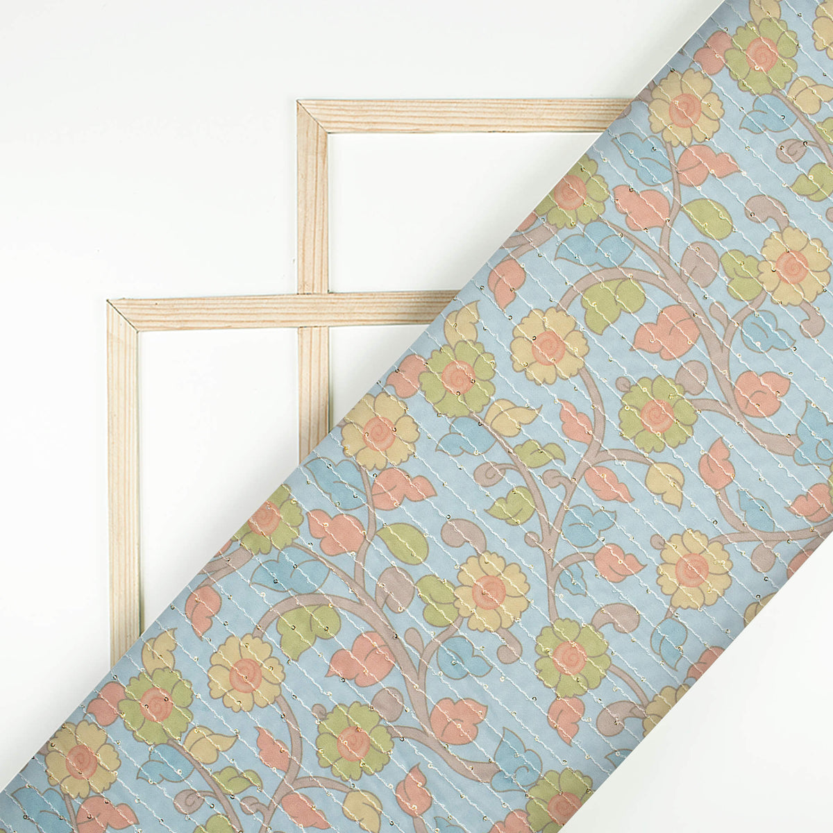 Baby Blue And Moss Green Kalamkrii Pattern Digital Print Premium Sequins Georgette Fabric