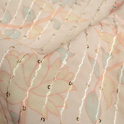 Pale Orange And Blush Red Floral Pattern Digital Print Premium Sequins Georgette Fabric