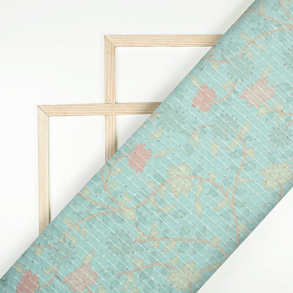 Pale Turquoise And Blush Red Floral Pattern Digital Print Premium Sequins Georgette Fabric