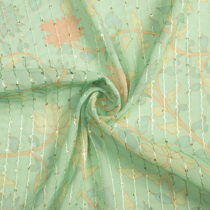 Pale Green And Blush Red Floral Pattern Digital Print Premium Sequins Georgette Fabric
