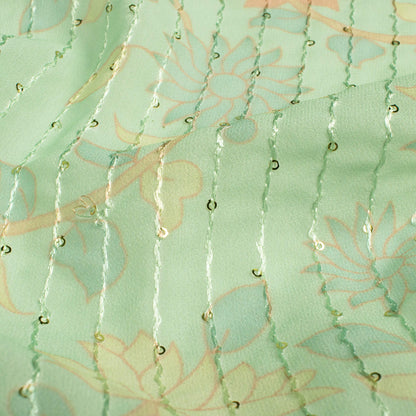Pale Green And Blush Red Floral Pattern Digital Print Premium Sequins Georgette Fabric