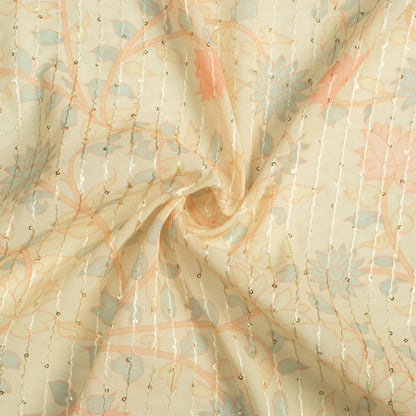 Pale Yellow And Blush Red Floral Pattern Digital Print Premium Sequins Georgette Fabric