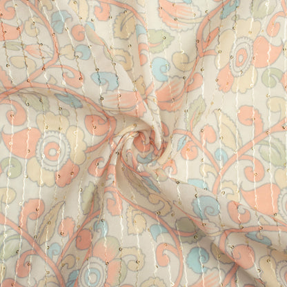 Oat Beige And Coral Peach Kalamkrii Pattern Digital Print Premium Sequins Georgette Fabric