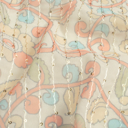 Oat Beige And Coral Peach Kalamkrii Pattern Digital Print Premium Sequins Georgette Fabric