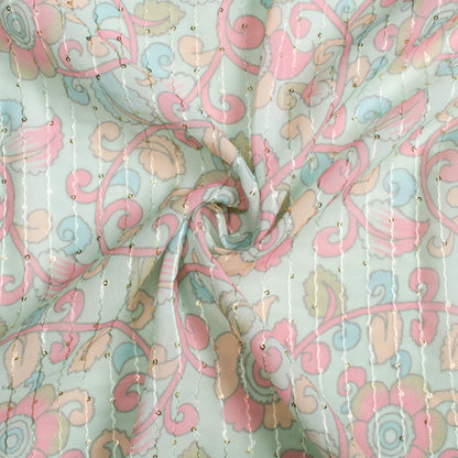 Mint Green And Carnation Pink Kalamkrii Pattern Digital Print Premium Sequins Georgette Fabric