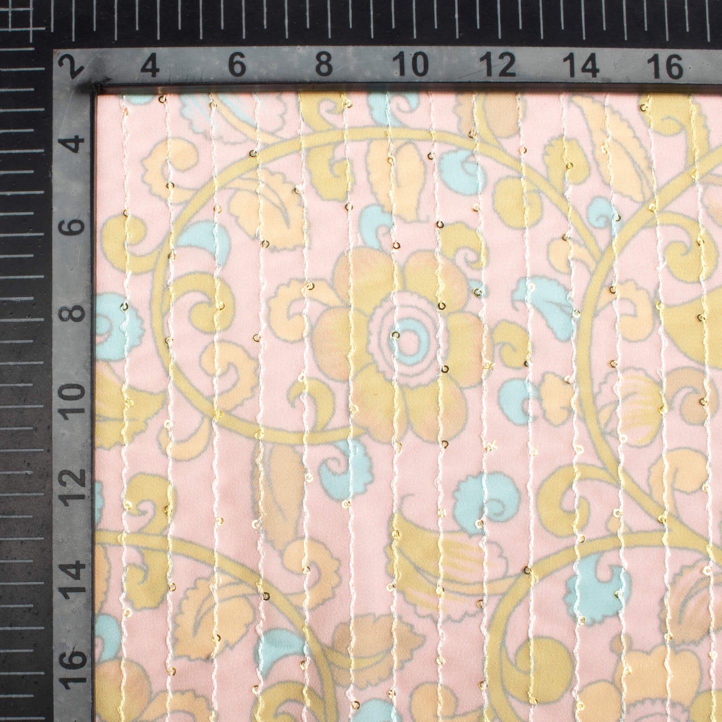 Lemonade Pink And Olive Green Kalamkrii Pattern Digital Print Premium Sequins Georgette Fabric