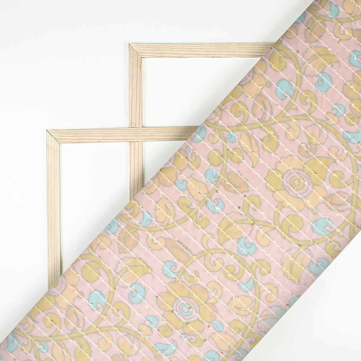 Lemonade Pink And Olive Green Kalamkrii Pattern Digital Print Premium Sequins Georgette Fabric