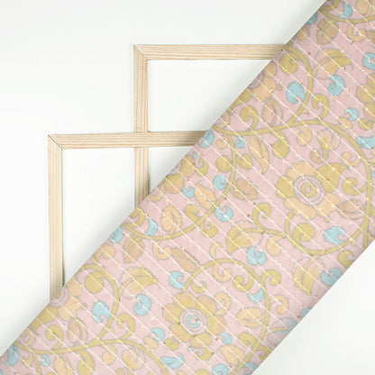 Lemonade Pink And Olive Green Kalamkrii Pattern Digital Print Premium Sequins Georgette Fabric