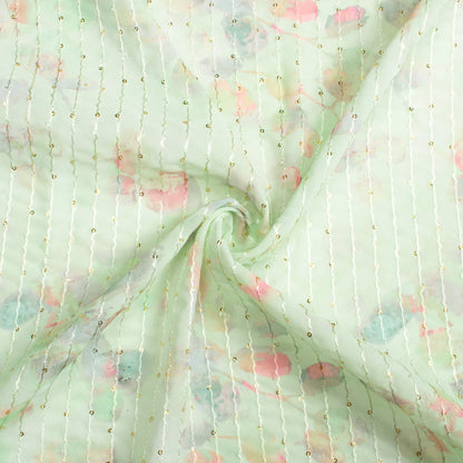Tea Green And Lemonade Pink Kalamkrii Pattern Digital Print Premium Sequins Georgette Fabric