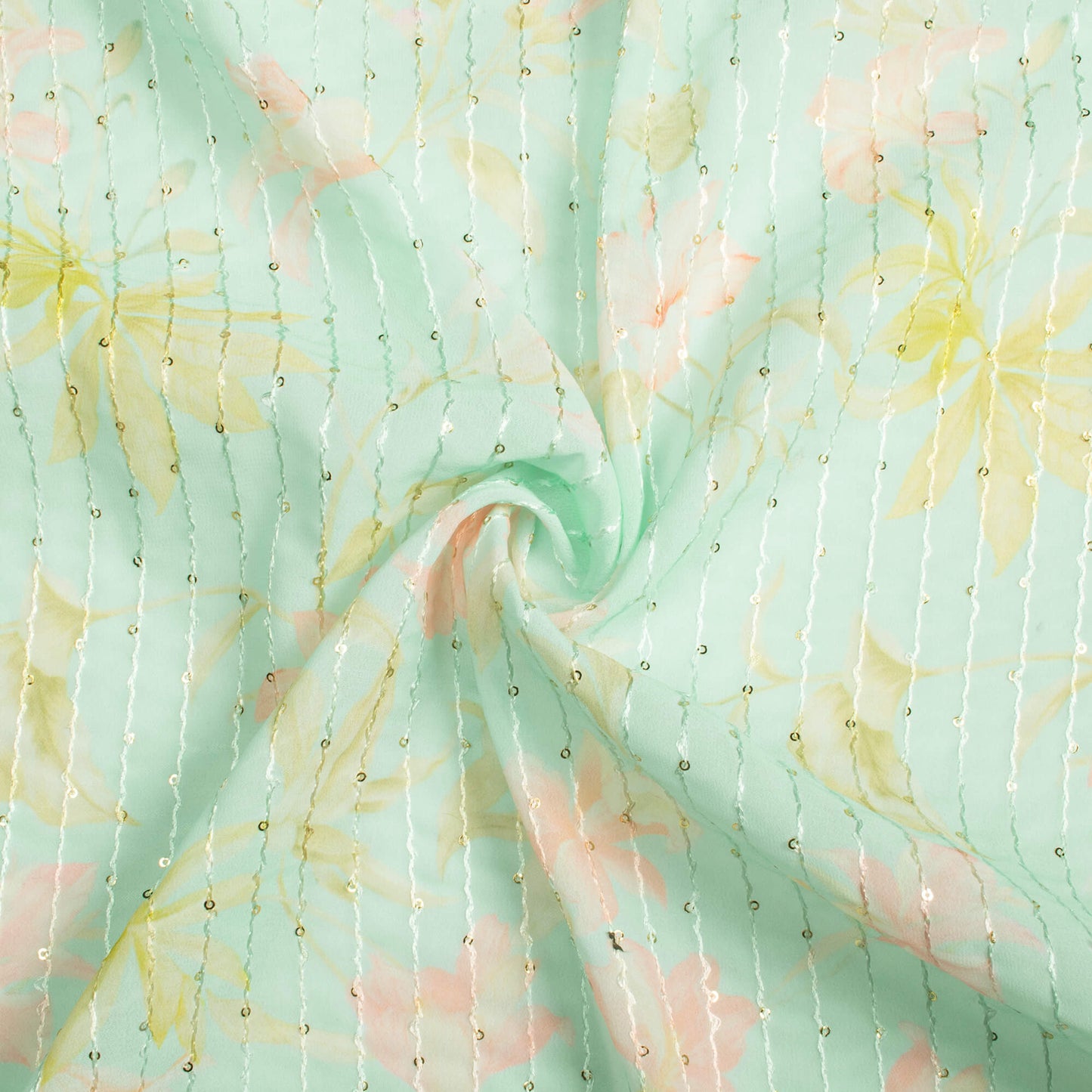 Mint Green And Baby Pink Floral Pattern Digital Print Premium Sequins Georgette Fabric