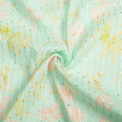 Mint Green And Baby Pink Floral Pattern Digital Print Premium Sequins Georgette Fabric