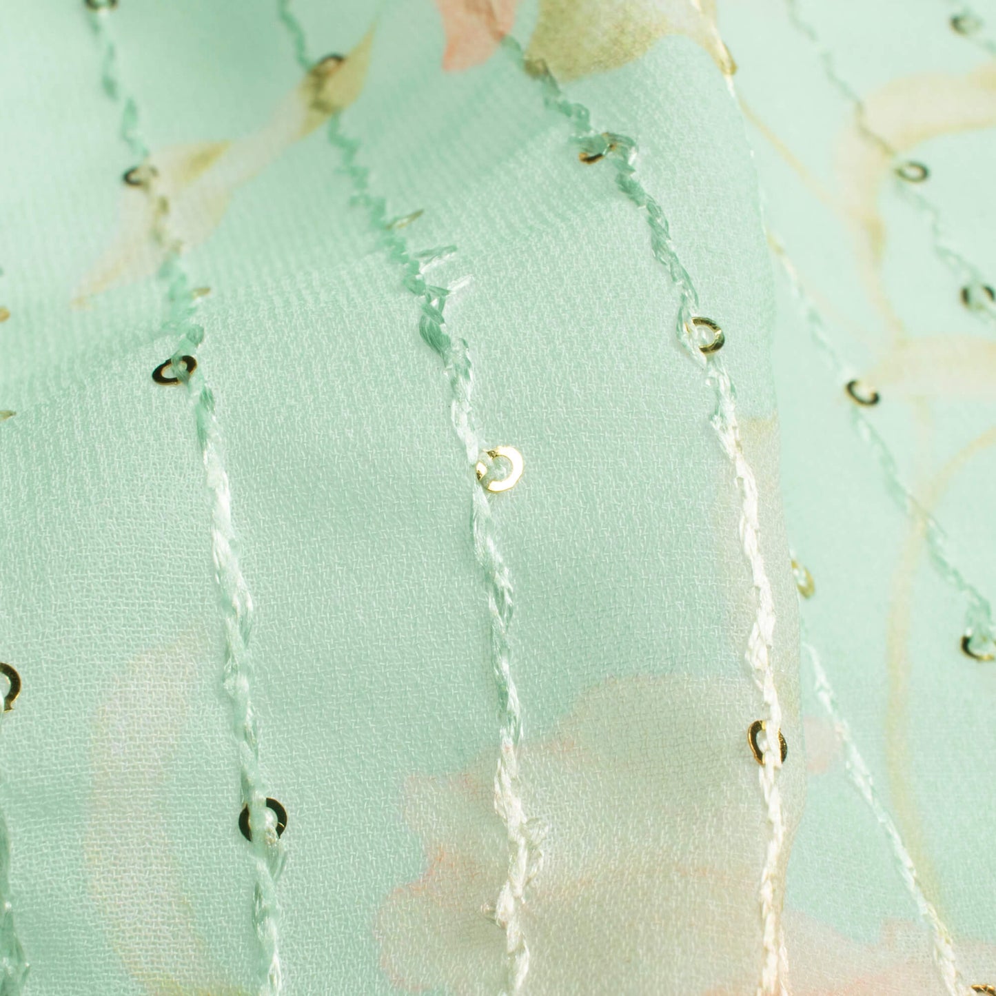 Mint Green And Baby Pink Floral Pattern Digital Print Premium Sequins Georgette Fabric
