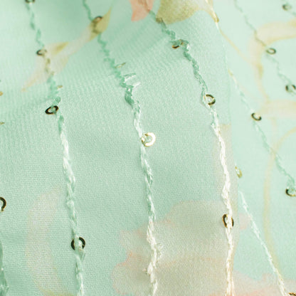 Mint Green And Baby Pink Floral Pattern Digital Print Premium Sequins Georgette Fabric