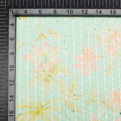 Mint Green And Baby Pink Floral Pattern Digital Print Premium Sequins Georgette Fabric