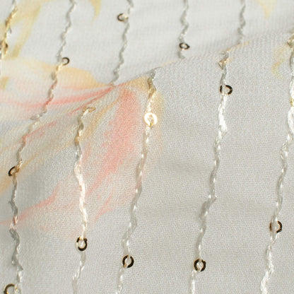 Dolphin Grey And Baby Pink Floral Pattern Digital Print Premium Sequins Georgette Fabric