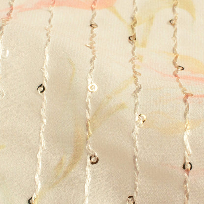 Oyster Beige And Baby Pink Floral Pattern Digital Print Premium Sequins Georgette Fabric