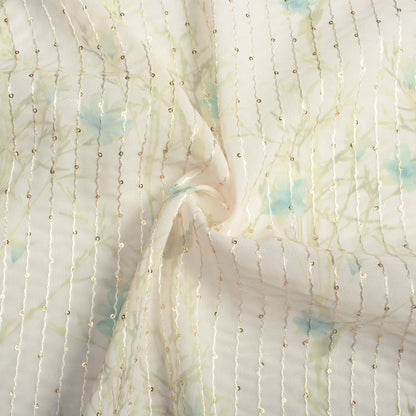 Oat Beige And Olive Green Floral Pattern Digital Print Premium Sequins Georgette Fabric