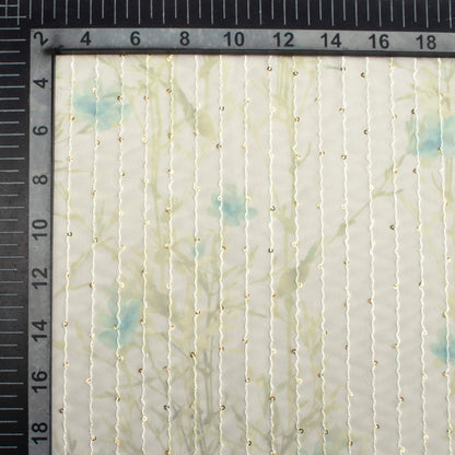 Oat Beige And Olive Green Floral Pattern Digital Print Premium Sequins Georgette Fabric