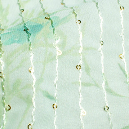 Mint Green And Olive Green Floral Pattern Digital Print Premium Sequins Georgette Fabric
