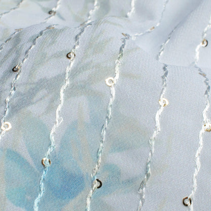 Pegion Grey And Baby Blue Floral Pattern Digital Print Premium Sequins Georgette Fabric