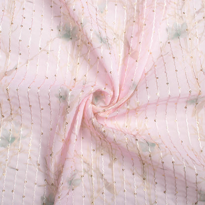 Lemonade Pink And Dolphin Grey Floral Pattern Digital Print Premium Sequins Georgette Fabric