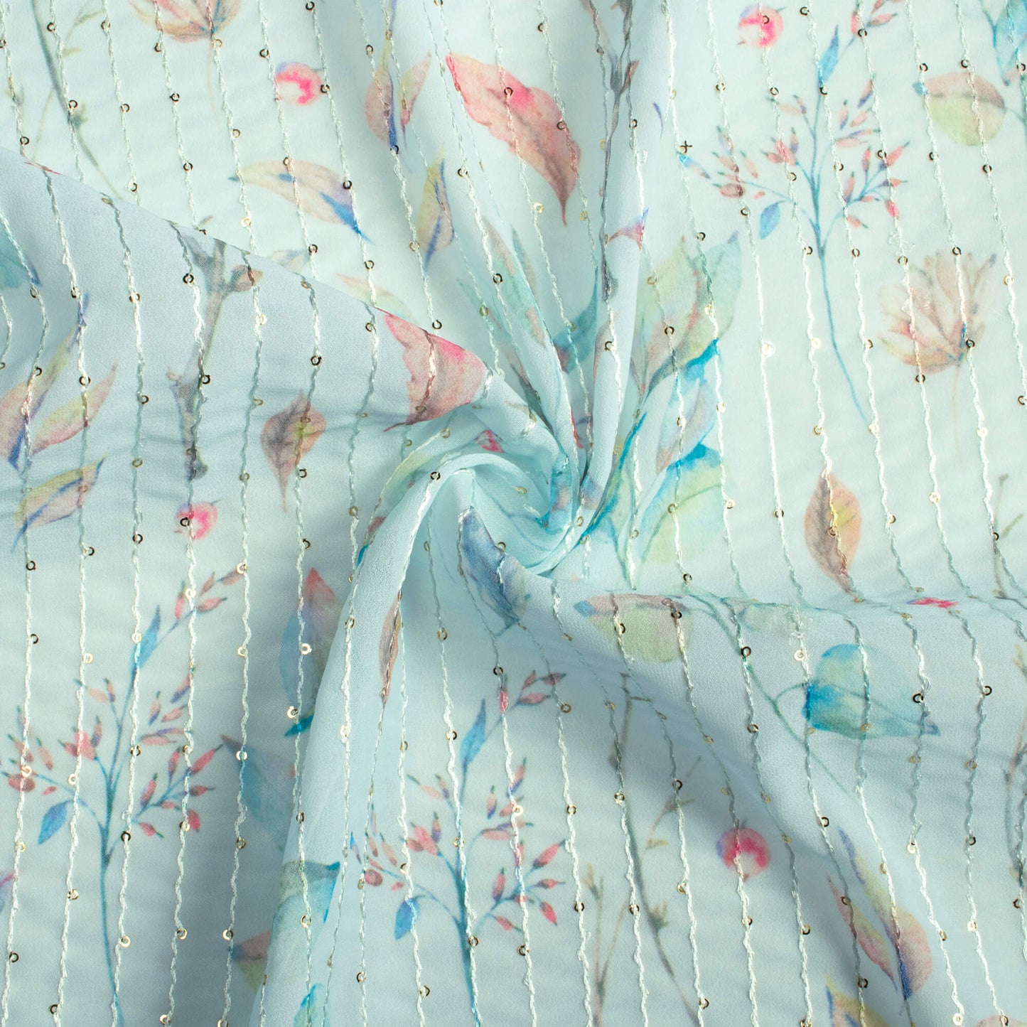Pastel Blue And Green Leaf Pattern Digital Print Premium Sequins Georgette Fabric