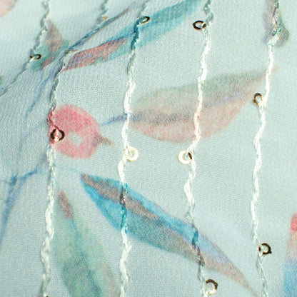 Pastel Blue And Green Leaf Pattern Digital Print Premium Sequins Georgette Fabric