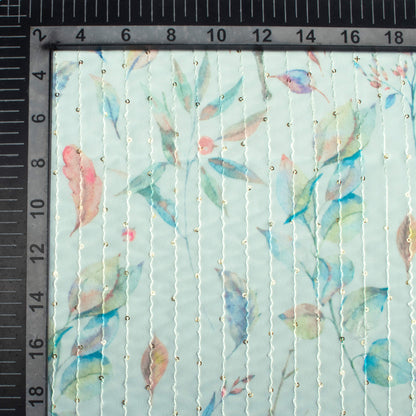 Pastel Blue And Green Leaf Pattern Digital Print Premium Sequins Georgette Fabric