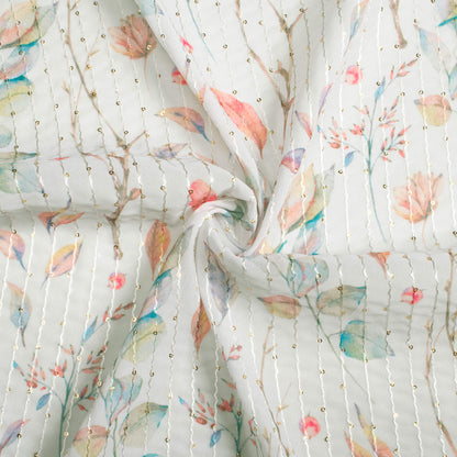 Dolphin Grey And Blush Red Leaf Pattern Digital Print Premium Sequins Georgette Fabric