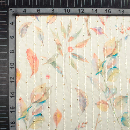Oat Beige And Blush Red Leaf Pattern Digital Print Premium Sequins Georgette Fabric