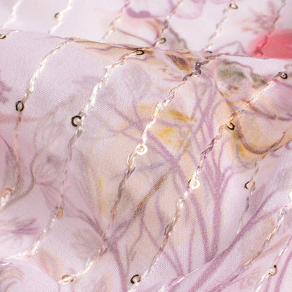 Carnation Pink Floral Pattern Digital Print Premium Sequins Georgette Fabric