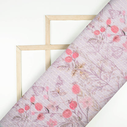 Carnation Pink Floral Pattern Digital Print Premium Sequins Georgette Fabric